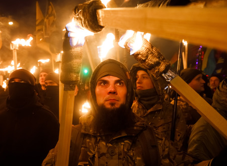 KIEV, UKRAINE - Jan. 01, 2018: Ukrainian nationalist activists mark the 109th birth anniversary of Stepan Bandera, one of the founders of the Organization of Ukrainian Nationalists (OUN)のeditorial素材