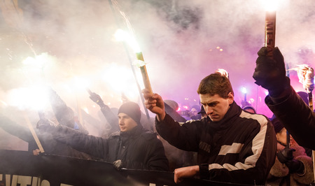 KIEV, UKRAINE - Jan. 01, 2018: Ukrainian nationalist activists mark the 109th birth anniversary of Stepan Bandera, one of the founders of the Organization of Ukrainian Nationalists (OUN)のeditorial素材