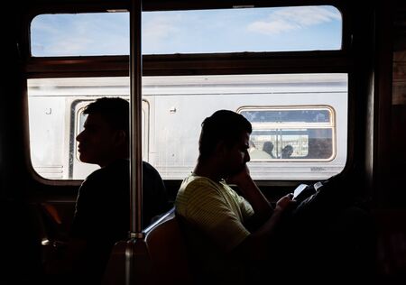 NEW YORK, USA - Sep 22, 2017: New York City Subway. Passengers in the subway train car. NYC Subway...