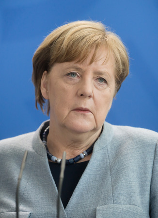 BERLIN, GERMANY - Apr. 10, 2018: Chancellor of the Federal Republic of Germany Angela Merkel during a joint press conference with the President of Ukraine Petro Poroshenko in Berlinのeditorial素材