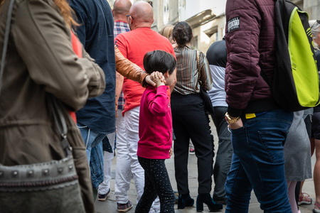 SANTIAGO DE COMPOSTELA, SPAIN - JUN 02, 2018: Santiago de Compostela street scene. People on the streets of an old town Santiago de Compostela. Santiago de Compostela is a UNESCO World Heritage Siteのeditorial素材