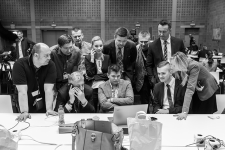 BRUSSELS, BELGIUM - Jul 12, 2018: North Atlantic Treaty Organization NATO military alliance summit in Brussels. Working moments in the summit press centerのeditorial素材