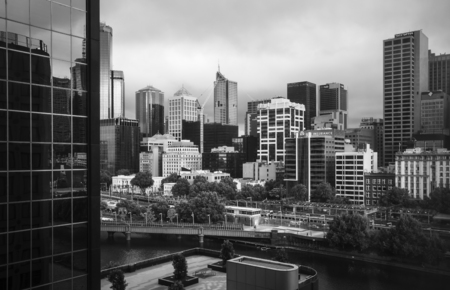 MELBOURNE, AUSTRALIA - DECEMBER 11, 2014: Black and white image of Melbourne skyline. Melbourne is the capital and most populous city in the state of Victoria, and the second most populous city in Australiaのeditorial素材