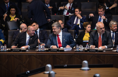 BRUSSELS, BELGIUM - Jul 12, 2018: Ukrainian President Petro Poroshenko and the leaders of states during NATO military alliance summit in Brusselsのeditorial素材
