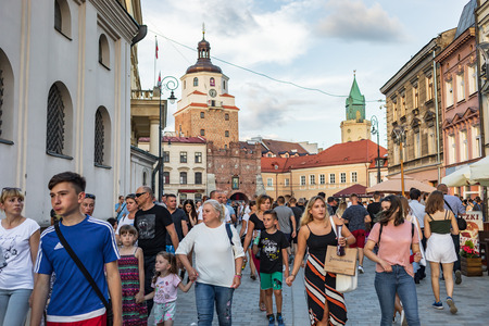 Lublin, Poland - Jul 27, 2018: Crowds of tourists and holidaymakers on the streets of the old city of Lublin. Lublin is the ninth largest city in Polandのeditorial素材