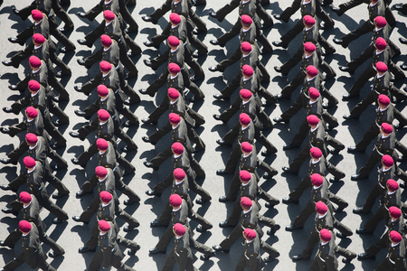 KIEV, UKRAINE - Aug 24, 2018: Military parade in Kiev. Column of military equipment and army troops on the march on the occasion of Independence day of Ukraineのeditorial素材