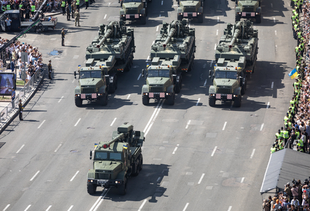 KIEV, UKRAINE - Aug 24, 2018: Military parade in Kiev. Column of military equipment and army troops on the march on the occasion of Independence day of Ukraineのeditorial素材