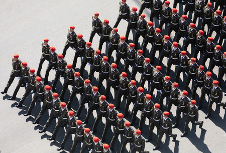 KIEV, UKRAINE - Aug 24, 2018: Military parade in Kiev. Column of military equipment and army troops on the march on the occasion of Independence day of Ukraineのeditorial素材