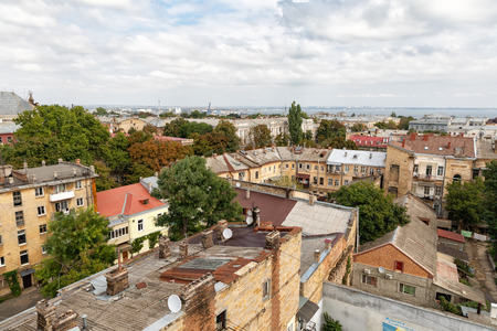 Odessa, Ukraine - Sep. 09, 2018: Aerial view of the roofs and old courtyards of Odessa. View of Odessa from the roof. Buildings of old cityのeditorial素材