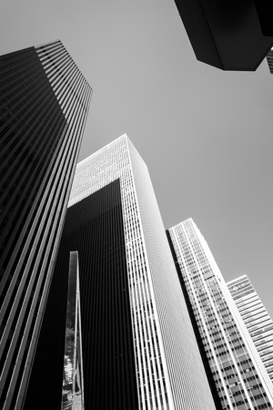 NEW YORK, USA - Sep 23, 2017: Black and white image of skyscrapers of NYC. Manhattan modern architecture. Manhattan is the most densely populated of the five boroughs of New York Cityのeditorial素材