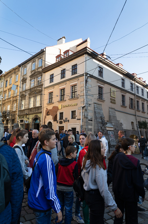 Lviv, Ukraine - Oct 13, 2018: Streets and architecture of the old  Lviv city on a sunny autumn day. Lviv city and Lviv old town with peopleのeditorial素材