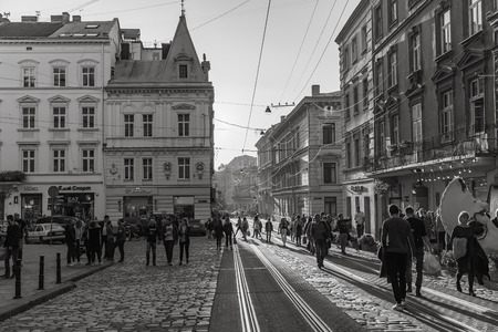Lviv, Ukraine - Oct 13, 2018: Streets and architecture of the old  Lviv city on a sunny autumn day. Lviv city and Lviv old town with peopleのeditorial素材