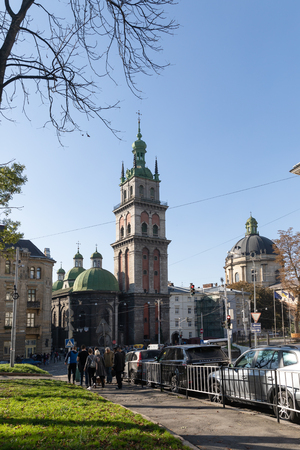Lviv, Ukraine - Oct 13, 2018: Streets and architecture of the old  Lviv city on a sunny autumn day. Lviv city and Lviv old town with peopleのeditorial素材