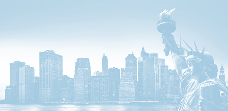 Light blue image of New York City skyline panorama with Statue of Libertyの写真素材