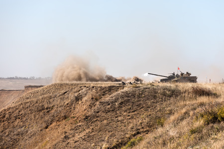 DONETSK REG, UKRAINE - Okt 12, 2018: Military equipment at a military training ground during complex...