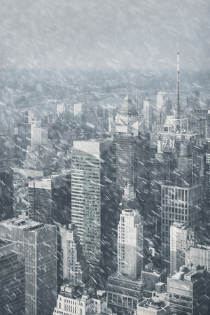 NEW YORK, USA - Sep 17, 2017: Streets and roofs of Manhattan. New York City Manhattan midtown viewed from top of Empire State Building on a rainy day. Birds eye view imageのeditorial素材