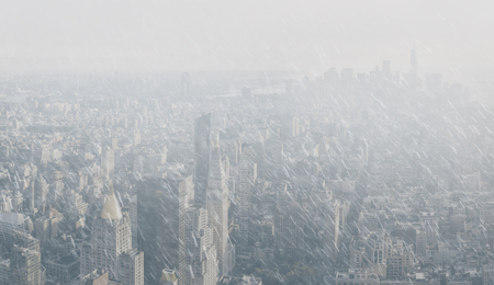 NEW YORK, USA - Sep 17, 2017: 5th Avenue, Broadway and Flatiron Building. Manhattan midtown and downtown viewed from top of Empire State Building on a rainy day. Birds eye viewのeditorial素材