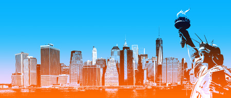 Symbols of New York. Manhattan Skyline and The Statue of Liberty  NYC. Contemporary art and poster...