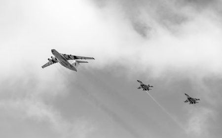 ZHYTOMYR Reg, UKRAINE - Dec. 06, 2018: Overflight in combat order during the meeting of the President of Ukraine Poroshenko with  soldiers of the assault landing forces of the Armed Forces of Ukraineのeditorial素材