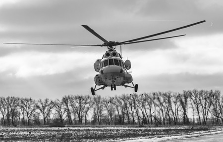 ZHYTOMYR Reg, UKRAINE - Dec. 06, 2018: Combat training at the training center of the airborne troops of the Ukrainian Armed Forces in Zhytomyr region. Helicopters during combat missionsのeditorial素材