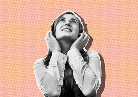 Lifestyle concept. Young happy woman listening to music on headphones.  Magazine style collage with...