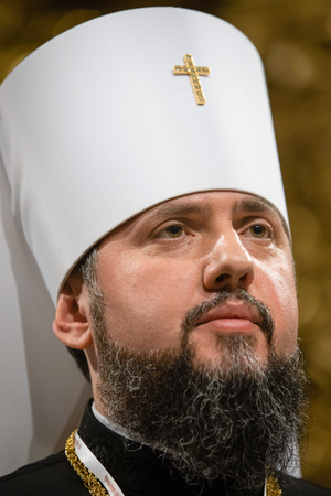 KIEV, UKRAINE - Dec. 15, 2018: Newly elected Primate of the Ukrainian Autocephalous Orthodox Church, Metropolitan of Kyiv and All Ukraine Epifaniyのeditorial素材