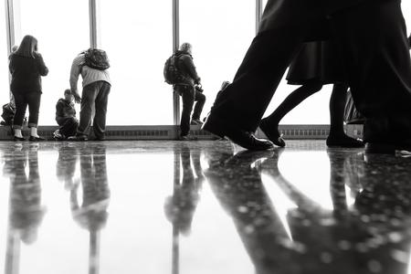 NEW YORK, USA - Apr 28, 2016: People in One World Observatory. This observation deck is located at the top of One World Trade Center, the tallest building in New York City.のeditorial素材