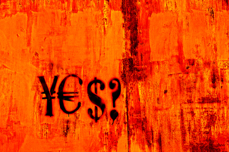 Word yes written by currency symbols dollar, euro and yen on wall with texture in dark red dramatic...
