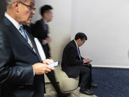 DAVOS, SWITZERLAND - Jan 23, 2019: Working moments during World Economic Forum Annual Meeting in Davos, Switzerlandのeditorial素材