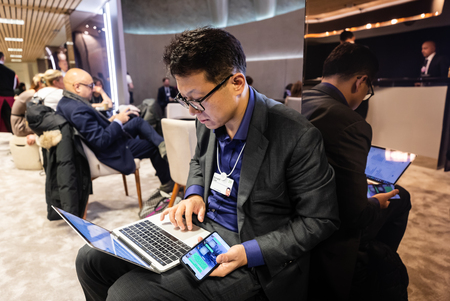 DAVOS, SWITZERLAND - Jan 24, 2019: Working moments during World Economic Forum Annual Meeting in Davos, Switzerlandのeditorial素材