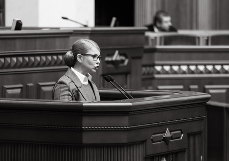 KIEV, UKRAINE - Feb. 07, 2019: Leader of the Batkivshchyna faction Yulia Tymoshenko during a meeting of the Verkhovna Rada of Ukraine, in Kievのeditorial素材