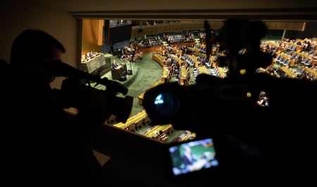 NEW YORK, USA - Feb 20, 2019: President of Ukraine Petro Poroshenko speaks at the UN General Assembly in New Yorkのeditorial素材
