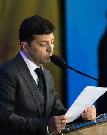 KYIV, UKRAINE - Apr 19, 2019: Pre-election debate at NSC Olimpiyskyi. President of Ukraine Petro Poroshenko during the debate with presidential candidate Volodymyr Zelensky at NSC Olimpiyskyiのeditorial素材