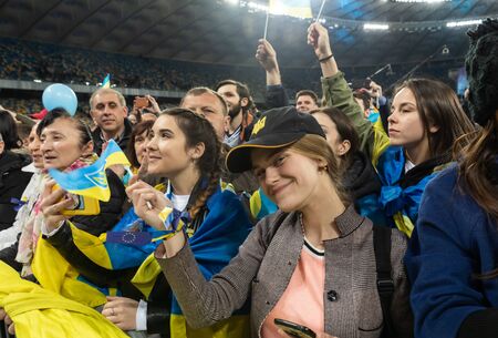 KYIV, UKRAINE - Apr 19, 2019: Pre-election debate at NSC Olimpiyskyi. President of Ukraine Petro Poroshenko during the debate with presidential candidate Volodymyr Zelensky at NSC Olimpiyskyiのeditorial素材