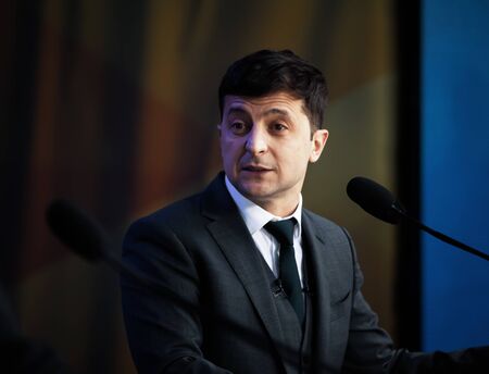 KYIV, UKRAINE - Apr 19, 2019: Newly elected President of Ukraine Vladimir Zelensky during pre-election debates at NSC Olimpiyskyi.のeditorial素材
