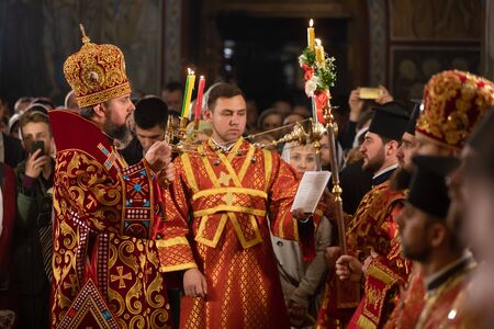 KYIV, UKRAINE - Apr. 28, 2019: Primate of the Ukrainian Orthodox Church Epifaniy took part in the Easter service at St. Michael's Cathedral in Kyivのeditorial素材
