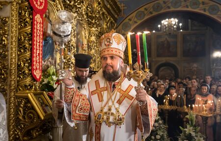 KYIV, UKRAINE - Apr. 28, 2019: Primate of the Ukrainian Orthodox Church Epifaniy took part in the Easter service at St. Michael's Cathedral in Kyivのeditorial素材