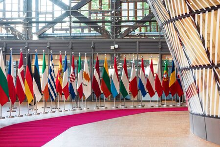 BRUSSELS, BELGIUM - May 13, 2019: Flags on the meeting of EU leaders at the EU headquarters. High Level Conference for Eastern Community Leaders in Brusselsのeditorial素材