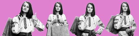 Beautiful young girl in the Ukrainian national suit holds colored paper shopping bags. Magazine style collage setの写真素材