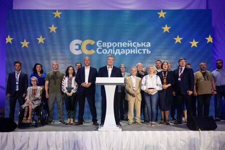 KYIV, UKRAINE - Jul 21, 2019: Fifth President of Ukraine and Leader of European Solidarity party Petro Poroshenko in the party headquarters with the teamのeditorial素材