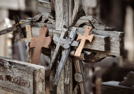 Crucifixion of Christ and a large number of crosses at Hill of Crosses. Hill of Crosses is a unique monument of history and religious folk art in Siauliai, Lithuania.の写真素材