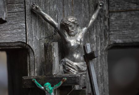 Crucifixion of Christ and a large number of crosses at Hill of Crosses. Hill of Crosses is a unique monument of history and religious folk art in Siauliai, Lithuania.の写真素材