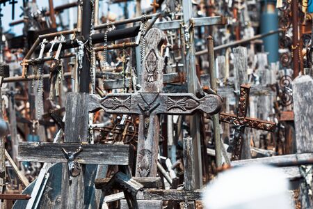 Crucifixion of Christ and a large number of crosses at Hill of Crosses. Hill of Crosses is a unique monument of history and religious folk art in Siauliai, Lithuania.の写真素材