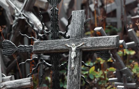 Crucifixion of Christ and a large number of crosses at Hill of Crosses. Hill of Crosses is a unique...