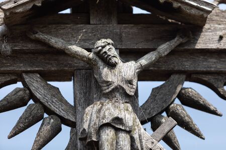 Crucifixion of Christ and a large number of crosses at Hill of Crosses. Hill of Crosses is a unique monument of history and religious folk art in Siauliai, Lithuania.の写真素材