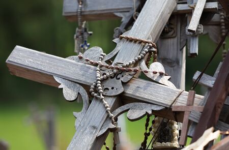 Crucifixion of Christ and a large number of crosses at Hill of Crosses. Hill of Crosses is a unique monument of history and religious folk art in Siauliai, Lithuania.の写真素材