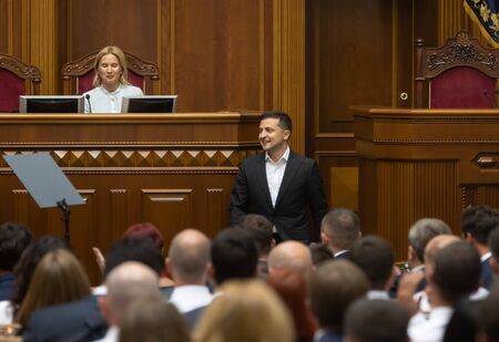 KYIV, UKRAINE - Aug. 29, 2019: President of Ukraine Volodymyr Zelensky during the session of the...