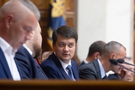 KYIV, UKRAINE - Aug. 29, 2019: Speaker of the Verkhovna Rada of Ukraine Dmytro Razumkov uring the session of the Verkhovna Rada of Ukraine of the ninth convocationのeditorial素材
