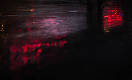 Illumination and neon night lights of NYC. Abstract image of neon lights on the streets of New York City. Multiple exposure and intentional motion blurの写真素材