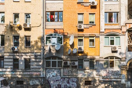 KYIV, UKRAINE - Sep. 28, 2019: Streets and buildings of old Kyiv. Exterior of old residential buildings in the historic district called Podil (Podol), Kyiv downtown.のeditorial素材